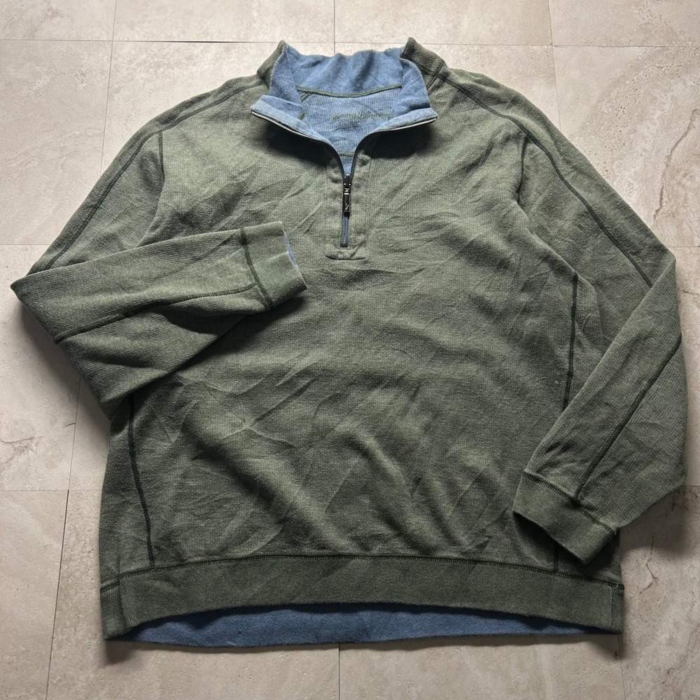 Tommy Bahama Quarter Zip Pullover Green Mens 2XL Cotton Layering Sweater